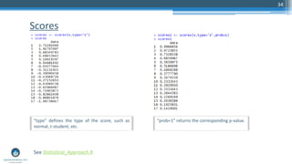 Scores
34
See Statistical_Approach.R
“type” defines the type of the score, such as
normal, t-student, etc.
“prob=1” returns the corresponding p-value.
 