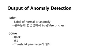 Output of Anomaly Detection
Label
- Label of normal or anomaly
- 분류문제 접근법에서 true|false or class
Score
- Rank
- 0:1
- Threshold parameter가 필요
 
