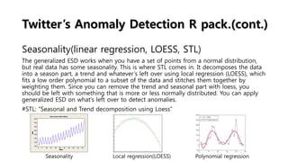 Twitter’s Anomaly Detection R pack.(cont.)
Seasonality(linear regression, LOESS, STL)
The generalized ESD works when you have a set of points from a normal distribution,
but real data has some seasonality. This is where STL comes in. It decomposes the data
into a season part, a trend and whatever’s left over using local regression (LOESS), which
fits a low order polynomial to a subset of the data and stitches them together by
weighting them. Since you can remove the trend and seasonal part with loess, you
should be left with something that is more or less normally distributed. You can apply
generalized ESD on what’s left over to detect anomalies.
#STL: “Seasonal and Trend decomposition using Loess”
Seasonality Local regression(LOESS) Polynomial regression
 