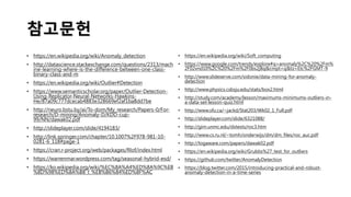 참고문헌
• https://en.wikipedia.org/wiki/Anomaly_detection
• http://datascience.stackexchange.com/questions/2313/mach
ine-learning-where-is-the-difference-between-one-class-
binary-class-and-m
• https://en.wikipedia.org/wiki/Outlier#Detection
• https://www.semanticscholar.org/paper/Outlier-Detection-
Using-Replicator-Neural-Networks-Hawkins-
He/87a09c777dcecab4883e328669ef2af1ba8dd7be
• http://neuro.bstu.by/ai/To-dom/My_research/Papers-0/For-
research/D-mining/Anomaly-D/KDD-cup-
99/NN/dawak02.pdf
• http://slideplayer.com/slide/4194183/
• http://link.springer.com/chapter/10.1007%2F978-981-10-
0281-6_118#page-1
• https://cran.r-project.org/web/packages/Rlof/index.html
• https://warrenmar.wordpress.com/tag/seasonal-hybrid-esd/
• https://ko.wikipedia.org/wiki/%EC%8A%A4%ED%8A%9C%EB
%8D%98%ED%8A%B8_t_%EB%B6%84%ED%8F%AC
• https://en.wikipedia.org/wiki/Soft_computing
• https://www.google.com/trends/explore#q=anomaly%2C%20%2Fm%
2F02vnd10%2C%20%2Fm%2F0bs2j8q&cmpt=q&tz=Etc%2FGMT-9
• http://www.slideserve.com/sidonie/data-mining-for-anomaly-
detection
• http://www.physics.csbsju.edu/stats/box2.html
• http://study.com/academy/lesson/maximums-minimums-outliers-in-
a-data-set-lesson-quiz.html
• http://www.sfu.ca/~jackd/Stat203/Wk02_1_Full.pdf
• http://slideplayer.com/slide/6321088/
• http://gim.unmc.edu/dxtests/roc3.htm
• http://www.cs.ru.nl/~tomh/onderwijs/dm/dm_files/roc_auc.pdf
• http://togaware.com/papers/dawak02.pdf
• https://en.wikipedia.org/wiki/Grubbs%27_test_for_outliers
• https://github.com/twitter/AnomalyDetection
• https://blog.twitter.com/2015/introducing-practical-and-robust-
anomaly-detection-in-a-time-series
 