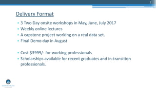7
• 3 Two Day onsite workshops in May, June, July 2017
• Weekly online lectures
• A capstone project working on a real data set.
• Final Demo day in August
• Cost $3999/- for working professionals
• Scholarships available for recent graduates and in-transition
professionals.
Delivery Format
 