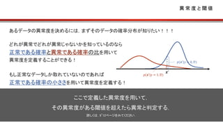 異 常 度 と 閾 値
あるデータの異常度を決めるには，まずそのデータの確率分布が知りたい！！！
どれが異常でどれが異常じゃないかを知っているのなら
正常である確率と異常である確率の比を用いて
異常度を定義することができる！
もし正常なデータしか取れていないのであれば
正常である確率の小ささを用いて異常度を定義する！
𝒙’
𝑝(𝒙′
|𝑦 = 0, 𝒟)
𝑝(𝒙′
|𝑦 = 1, 𝒟)
ここで定義した異常度を用いて，
その異常度がある閾値を超えたら異常と判定する．
詳しくは，9~12ページをみてください．
 