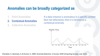 Anomalies can be broadly categorized as
21
1. Point Anomalies
2. Contextual Anomalies
3. Collective Anomalies
If a data instance is anomalous in a specific context
(but not otherwise), then it is termed as a
contextual anomaly
Chandola, V., Banerjee, A. & Kumar, V., 2009. Anomaly Detection: A Survey. ACM Computing Surveys, July. 41(3).
 