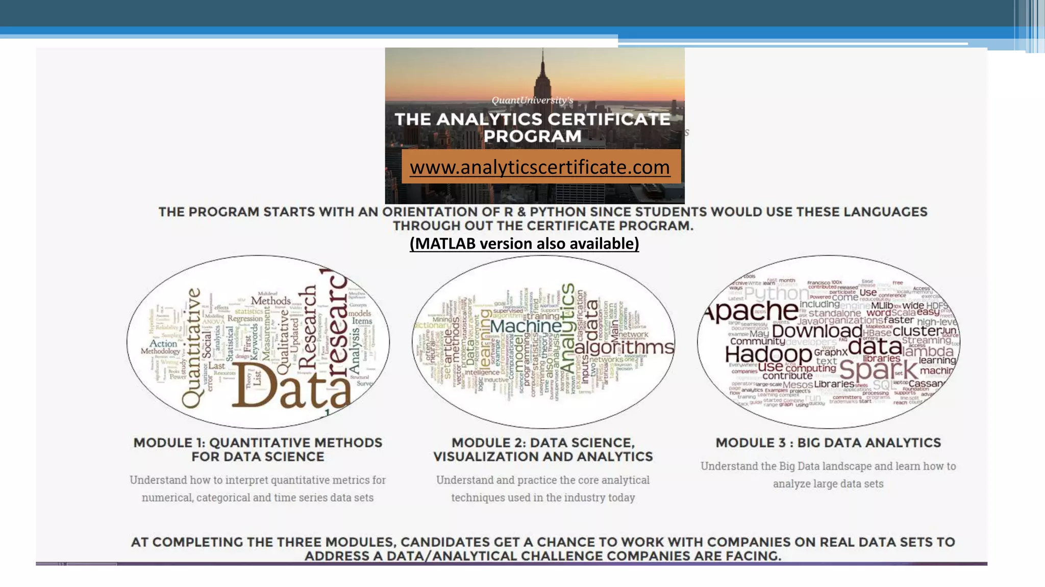 (MATLAB version also available) www.analyticscertificate.com 