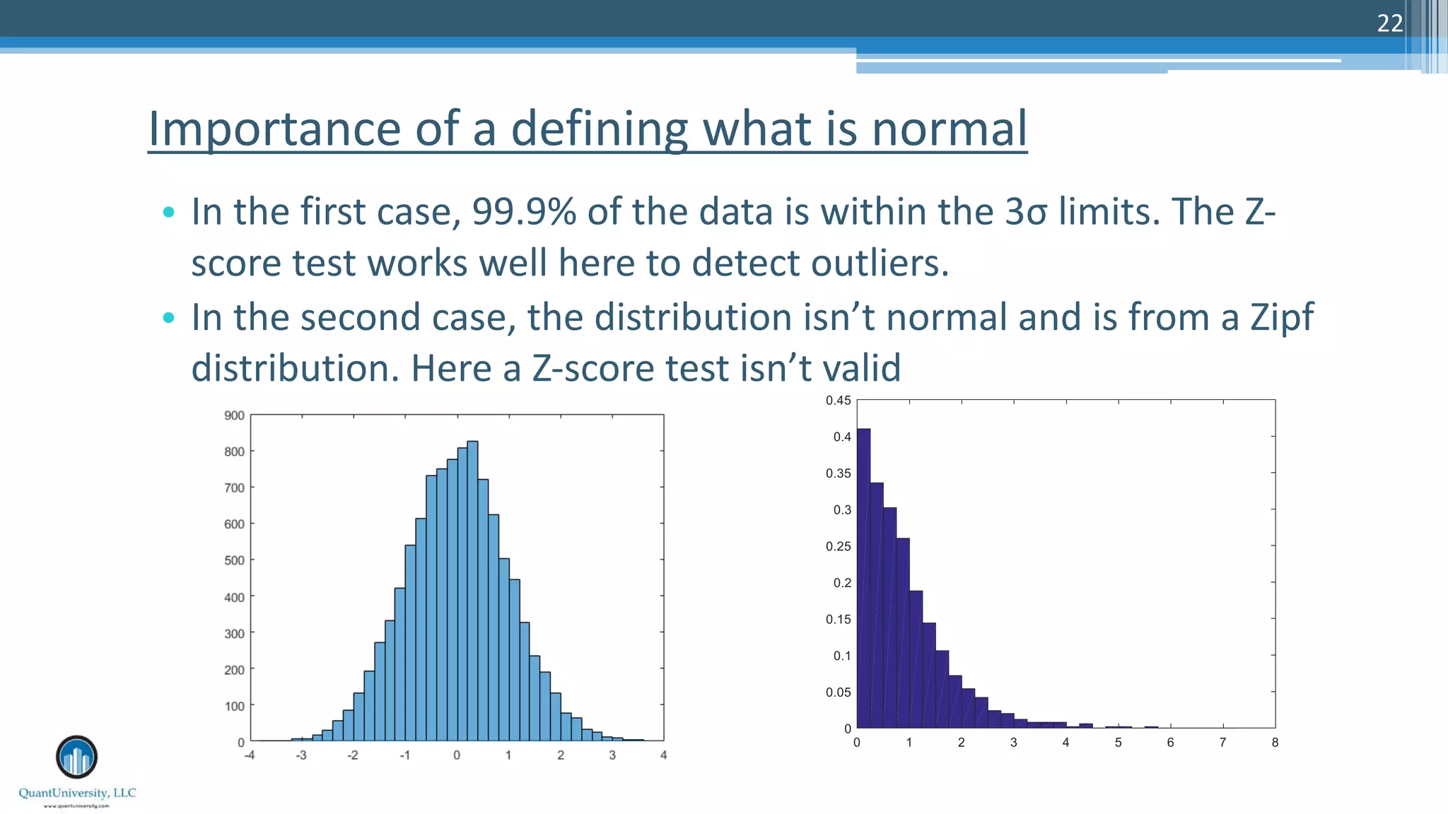 22 • In the first case, 99.9% of the data is within the 3σ limits. The Z- score test works well here to detect outliers. • In the second case, the distribution isn’t normal and is from a Zipf distribution. Here a Z-score test isn’t valid Importance of a defining what is normal 