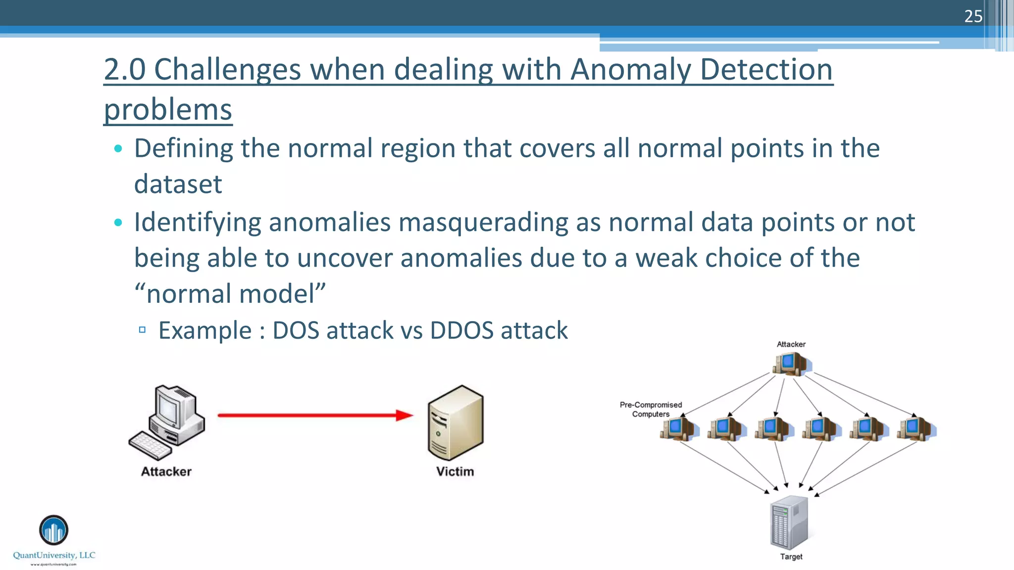 25 • Defining the normal region that covers all normal points in the dataset • Identifying anomalies masquerading as normal data points or not being able to uncover anomalies due to a weak choice of the “normal model” ▫ Example : DOS attack vs DDOS attack 2.0 Challenges when dealing with Anomaly Detection problems 