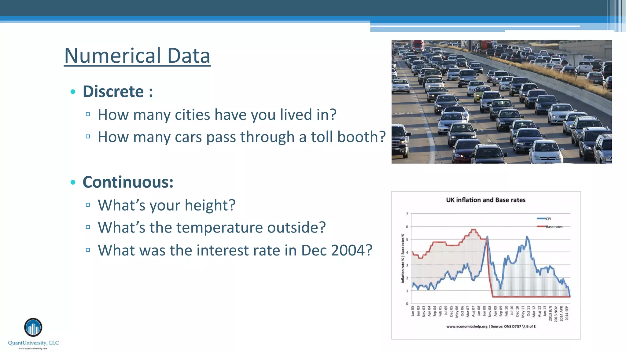 Numerical Data • Discrete : ▫ How many cities have you lived in? ▫ How many cars pass through a toll booth? • Continuous: ▫ What’s your height? ▫ What’s the temperature outside? ▫ What was the interest rate in Dec 2004? 