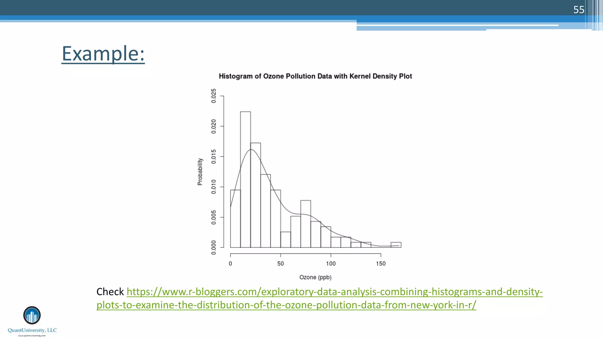 55 Example: Check https://www.r-bloggers.com/exploratory-data-analysis-combining-histograms-and-density- plots-to-examine-the-distribution-of-the-ozone-pollution-data-from-new-york-in-r/ 