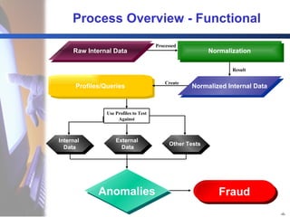 Process Overview - Functional Raw Internal Data Normalization Normalized Internal Data Profiles/Queries Anomalies Fraud Processed Result Create Use Profiles to Test Against External Data Internal Data Other Tests 