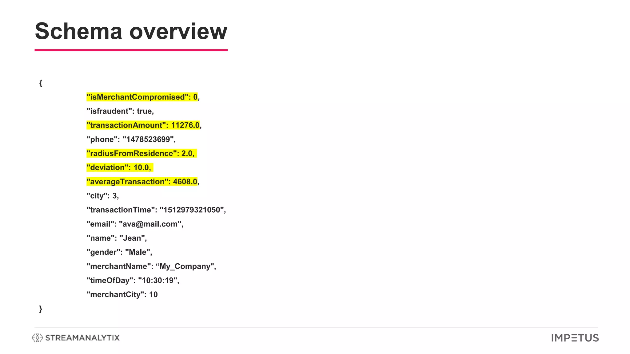 Schema overview
{
"isMerchantCompromised": 0,
"isfraudent": true,
"transactionAmount": 11276.0,
"phone": "1478523699",
"radiusFromResidence": 2.0,
"deviation": 10.0,
"averageTransaction": 4608.0,
"city": 3,
"transactionTime": "1512979321050",
"email": "ava@mail.com",
"name": "Jean",
"gender": "Male",
"merchantName": “My_Company",
"timeOfDay": "10:30:19",
"merchantCity": 10
}
 