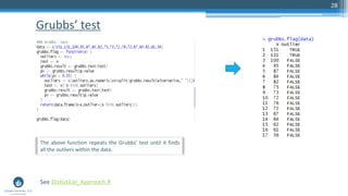 Grubbs’ test
28
See Statistical_Approach.R
The above function repeats the Grubbs’ test until it finds
all the outliers within the data.
 