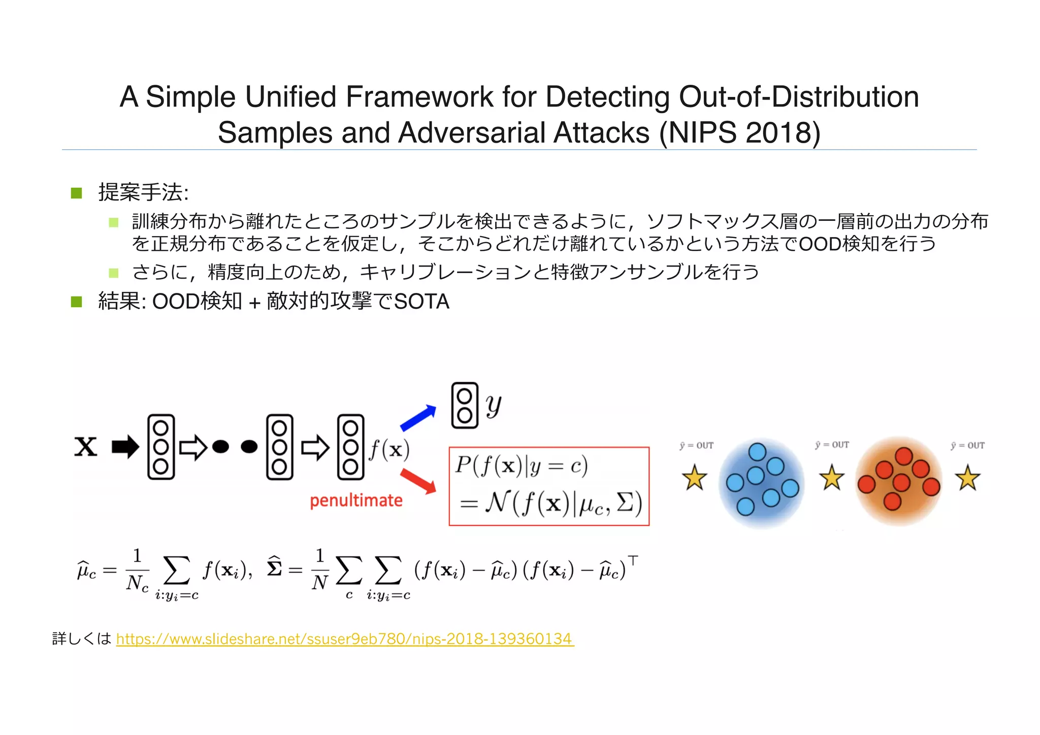A Simple Unified Framework for Detecting Out-of-Distribution
Samples and Adversarial Attacks (NIPS 2018)
n 提案⼿法:
n 訓練分布から離れたところのサンプルを検出できるように，ソフトマックス層の⼀層前の出⼒の分布
を正規分布であることを仮定し，そこからどれだけ離れているかという⽅法でOOD検知を⾏う
n さらに，精度向上のため，キャリブレーションと特徴アンサンブルを⾏う
n 結果: OOD検知 + 敵対的攻撃でSOTA
詳しくは https://www.slideshare.net/ssuser9eb780/nips-2018-139360134
 