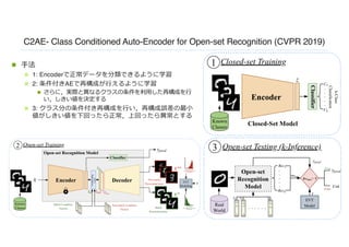 C2AE- Class Conditioned Auto-Encoder for Open-set Recognition (CVPR 2019)
n ⼿法
n 1: Encoderで正常データを分類できるように学習
n 2: 条件付きAEで再構成が⾏えるように学習
n さらに，実際と異なるクラスの条件を利⽤した再構成を⾏
い，しきい値を決定する
n 3: クラス分の条件付き再構成を⾏い，再構成誤差の最⼩
値がしきい値を下回ったら正常，上回ったら異常とする
 