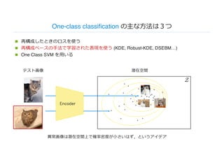One-class classification の主な⽅法は３つ
n 再構成したときのロスを使う
n 再構成ベースの⼿法で学習された表現を使う (KDE, Robust-KDE, DSEBM…)
n One Class SVM を⽤いる
テスト画像
異常画像は潜在空間上で確率密度が⼩さいはず，というアイデア
潜在空間
・
・
・
・・
・
・
・
・
・
・
・
・
・・ ・
・
・
・
・
・
・
・
・
・
・
・
・
・
・
・
・
・・
・
・
・
・
・
・
 