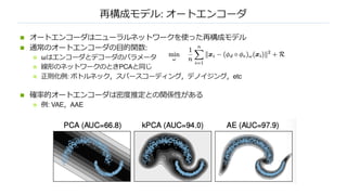 再構成モデル: オートエンコーダ
n オートエンコーダはニューラルネットワークを使った再構成モデル
n 通常のオートエンコーダの⽬的関数:
n ωはエンコーダとデコーダのパラメータ
n 線形のネットワークのときPCAと同じ
n 正則化例: ボトルネック，スパースコーディング，デノイジング，etc
n 確率的オートエンコーダは密度推定との関係性がある
n 例: VAE，AAE
 
