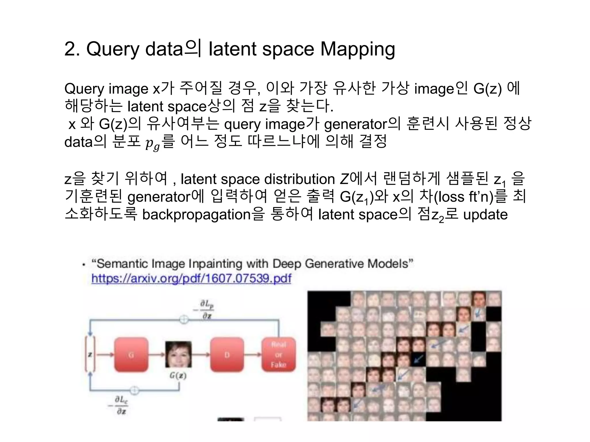 2. Query data의 latent space Mapping Query image x가 주어질 경우, 이와 가장 유사한 가상 image인 G(z) 에 해당하는 latent space상의 점 z을 찾는다. x 와 G(z)의 유사여부는 query image가 generator의 훈련시 사용된 정상 data의 분포 𝑝 𝑔를 어느 정도 따르느냐에 의해 결정 z을 찾기 위하여 , latent space distribution Z에서 랜덤하게 샘플된 z1 을 기훈련된 generator에 입력하여 얻은 출력 G(z1)와 x의 차(loss ft’n)를 최 소화하도록 backpropagation을 통하여 latent space의 점z2로 update 