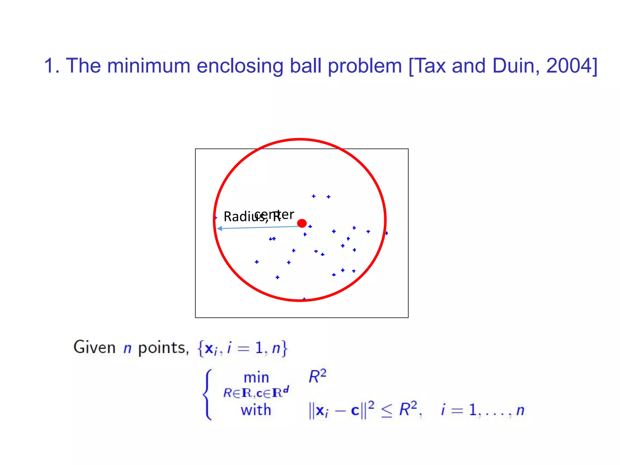1. The minimum enclosing ball problem [Tax and Duin, 2004] centerRadius, R 