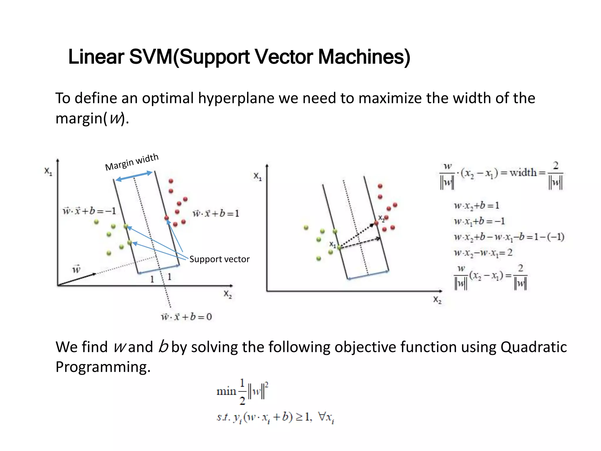 We find w and b by solving the following objective function using Quadratic Programming. To define an optimal hyperplane we need to maximize the width of the margin(w). Linear SVM(Support Vector Machines) Support vector 