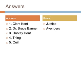 Answers
 1. Clark Kent
 2. Dr. Bruce Banner
 3. Harvey Dent
 4. Thing
 5. Quill
 Justice
 Avengers
Answers Bonus
 