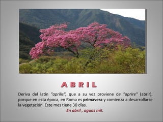 Deriva del latín  "aprilis",  que a su vez proviene d e “aprire"  (abrir), porque en esta época, en Roma es  primavera  y comienza a desarrollarse la vegetación. Este mes tiene 30 días.  En abril , aguas mil.  A B R I L  