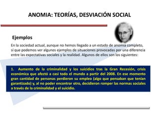 ANOMIA: TEORÍAS, DESVIACIÓN SOCIAL
Ejemplos
En la sociedad actual, aunque no hemos llegado a un estado de anomia completo,
sí que podemos ver algunos ejemplos de situaciones provocadas por una diferencia
entre las expectativas sociales y la realidad. Algunos de ellos son los siguientes:
1. Aumento de la criminalidad y los suicidios tras la Gran Recesión, crisis
económica que afectó a casi todo el mundo a partir del 2008. En ese momento
gran cantidad de personas perdieron su empleo (algo que pensaban que tenían
garantizado) y, al no poder encontrar otro, decidieron romper las normas sociales
a través de la criminalidad y el suicidio.
 