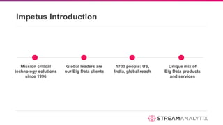 Impetus Introduction
Mission critical
technology solutions
since 1996
Global leaders are
our Big Data clients
1700 people: US,
India, global reach
Unique mix of
Big Data products
and services
 