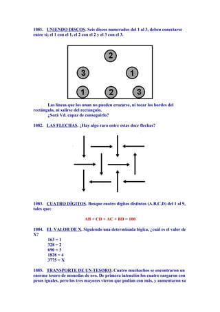 1081. UNIENDO DISCOS. Seis discos numerados del 1 al 3, deben conectarse
entre sí; el 1 con el 1, el 2 con el 2 y el 3 con el 3.
Las líneas que los unan no pueden cruzarse, ni tocar los bordes del
rectángulo, ni salirse del rectángulo.
¿Será Vd. capaz de conseguirlo?
1082. LAS FLECHAS. ¿Hay algo raro entre estas doce flechas?
1083. CUATRO DÍGITOS. Busque cuatro dígitos distintos (A,B,C,D) del 1 al 9,
tales que:
AB + CD + AC + BD = 100
1084. EL VALOR DE X. Siguiendo una determinada lógica, ¿cuál es el valor de
X?
163 = 1
328 = 2
690 = 3
1828 = 4
3775 = X
1085. TRANSPORTE DE UN TESORO. Cuatro muchachos se encontraron un
enorme tesoro de monedas de oro. De primera intención los cuatro cargaron con
pesos iguales, pero los tres mayores vieron que podían con más, y aumentaron su
 