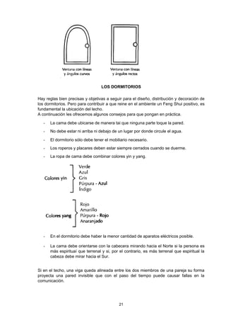 LOS DORMITORIOS

Hay reglas bien precisas y objetivas a seguir para el diseño, distribución y decoración de
los dormitorios. Pero para contribuir a que reine en el ambiente un Feng Shui positivo, es
fundamental la ubicación del lecho.
A continuación les ofrecemos algunos consejos para que pongan en práctica.

   -   La cama debe ubicarse de manera tai que ninguna parte toque la pared.
   -   No debe estar ni arriba ni debajo de un lugar por donde circule el agua.

   -   El dormitorio sólo debe tener el mobiliario necesario.
   -   Los roperos y placares deben estar siempre cerrados cuando se duerme.
   -   La ropa de cama debe combinar colores yin y yang.




   -   En el dormitorio debe haber la menor cantidad de aparatos eléctricos posible.

   -   La cama debe orientarse con la cabecera mirando hacia el Norte si la persona es
       más espirituaí que terrenal y si, por el contrario, es más terrenal que espiritual la
       cabeza debe mirar hacia el Sur.


Si en el techo, una viga queda alineada entre los dos miembros de una pareja su forma
proyecta una pared invisible que con el paso del tiempo puede causar fallas en la
comunicación.




                                             21
 