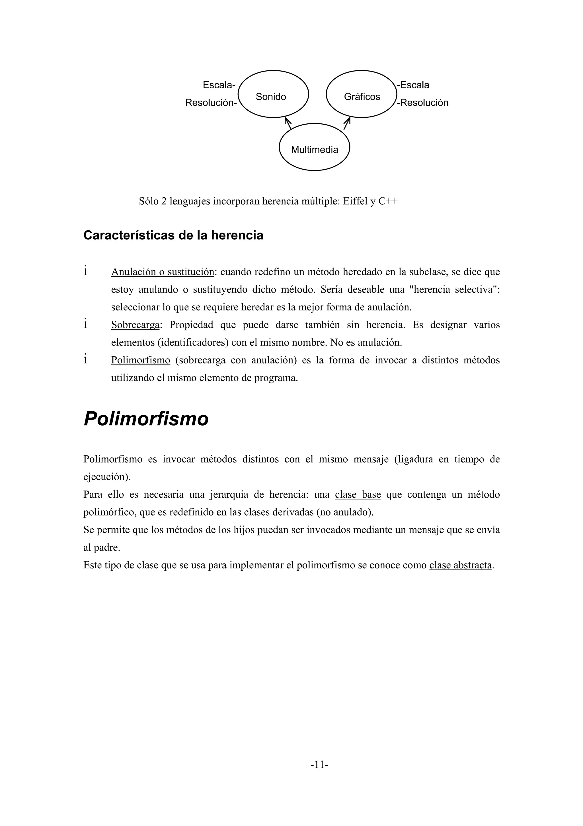 Escala-                                      -Escala
                                        Sonido                Gráficos
                        Resolución-                                      -Resolución



                                                 Multimedia




              Sólo 2 lenguajes incorporan herencia múltiple: Eiffel y C++


Características de la herencia

i     Anulación o sustitución: cuando redefino un método heredado en la subclase, se dice que
      estoy anulando o sustituyendo dicho método. Sería deseable una "herencia selectiva":
      seleccionar lo que se requiere heredar es la mejor forma de anulación.
i     Sobrecarga: Propiedad que puede darse también sin herencia. Es designar varios
      elementos (identificadores) con el mismo nombre. No es anulación.
i     Polimorfismo (sobrecarga con anulación) es la forma de invocar a distintos métodos
      utilizando el mismo elemento de programa.



Polimorfismo
Polimorfismo es invocar métodos distintos con el mismo mensaje (ligadura en tiempo de
ejecución).
Para ello es necesaria una jerarquía de herencia: una clase base que contenga un método
polimórfico, que es redefinido en las clases derivadas (no anulado).
Se permite que los métodos de los hijos puedan ser invocados mediante un mensaje que se envía
al padre.
Este tipo de clase que se usa para implementar el polimorfismo se conoce como clase abstracta.




                                                     -11-
 