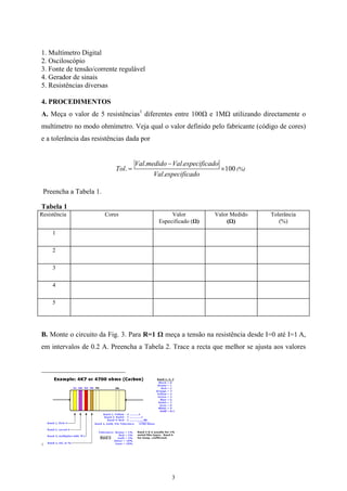 1. Multímetro Digital
2. Osciloscópio
3. Fonte de tensão/corrente regulável
4. Gerador de sinais
5. Resistências diversas
4. PROCEDIMENTOS
A. Meça o valor de 5 resistências1
diferentes entre 100Ω e 1MΩ utilizando directamente o
multímetro no modo ohmímetro. Veja qual o valor definido pelo fabricante (código de cores)
e a tolerância das resistências dada por
. .
. 100
.
Val medido Val especificado
Tol
Val especificado
−
= × (%)
Preencha a Tabela 1.
Tabela 1
Resistência Cores Valor
Especificado (Ω)
Valor Medido
(Ω)
Tolerância
(%)
1
2
3
4
5
B. Monte o circuito da Fig. 3. Para R=1 Ω meça a tensão na resistência desde I=0 até I=1 A,
em intervalos de 0.2 A. Preencha a Tabela 2. Trace a recta que melhor se ajusta aos valores
1
3
 