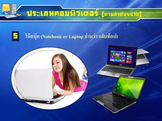 ประเภทคอมพิวเตอร์ (ตามลาดับขนาด)
โน้ตบุ๊ค (Notebook or Laptop อ่านว่า แล็บท้อป)5
 