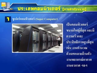 ประเภทคอมพิวเตอร์ (ตามลาดับขนาด)
ซูเปอร์คอมพิวเตอร์ (Super Computer)1
เป็นคอมพิวเตอร์
ขนาดใหญ่ที่สุด และมี
ความเร็วและ
ประสิทธิภาพสูงที่สุด
เช่น งานคานวณ
ตัวเลขหลายล้านตัว
งานพยากรณ์อากาศ
งานอวกาศ ฯลฯ
 