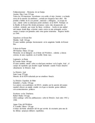 Feldpostnummer . Memorias de un Guripa
Asensio Diaz Cano 235 pgs
Todos los NS murcianos recordamos con cariño al viejo Asensio y su tienda
cerca de la estación de autobuses , cerrada por desgracia hace años . Me
pondría a hablar de él y no pararía , murciano y falangista , se escapa de
casa , miente sobre su edad para poder enrolarse en la D250 . Participa en
la Batalla de Krasni Bor donde permanece varios días desaparecido en
combate , teniendo que cruzar las líneas soviéticas . Acaba en una unidad
anti tanque donde llega a destruir cuatro carros en una arriesgada acción
cuerpo a cuerpo con granadas entre otras gestas temerarias . Regresa herido
en 1944 .
Zapadores en Krasni Bor
Miralles Guill 166 pgs
El autor también participa heroicamente en la sangrienta batalla de Krasni
Bor.
Cabeza de Puente
JM Sánchez Diana 223 pgs
Memorias de un falangista en el frente del Wolchow , valentia y dureza
extrema de unos españoles en el terrible frente ruso.
Legionario en Rusia
R.Castaño Doña 106 pgs
El autor también miente sobre su edad para enrolarse en la Legión Azul , el
cuerpo de españoles que deciden seguir luchando cuando Franco disuelve
oficialmente la División Azul.
La División Azul
Saint Loup 279 pgs.
Historia de la D250 redactada por un estudioso francés.
La División Española de Hitler
Kleinfeld y Tambs 530 pgs
Los autores son académicos de EEUU, atraídos por la aureola del cuerpo
español ofrecen un amplio estudio en el que se mezclan gestas militares
con acontecimientos políticos.
Escritores en las Trincheras.
Rafael Ibañez 162 pgs
Libro-catálogo sobre las publicaciones sobre la División Azul entre 1941 y
1988.
Aguas Frias del Wolchow
P. Castello Vilaoiz 128 pgs
Crónica del frente alrededor del río que serviría de escenario para una de
las últimas epopeyas militares españoleas.
 