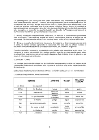Los 64 hexagramas (seis líneas) son otros tantos instrumentos para comprender el significado de
otras tantas situaciones básicas. La verdad del hexagrama emana de las condiciones físicas del
momento en que se obtuvo, en que se construyó línea por línea. De acuerdo a la tradición china
se trata de "agentes espirituales" que de una manera misteriosa dan un sentido de respuesta a
las manipulaciones, una verdadera alma del Libro. Aunque el occidental no entiende la esencia de
tales conceptos, se encuentra con que la situación que describe "su" hexagrama corresponde a
"su" momento vital. El “por qué” permanece sin respuesta.

El I Ching, no requiere interpretaciones particulares, ni artificios, ni conocimientos particulares
para su consulta. Cualquiera que aplique su sentido común puede entender el sentido de las
respuestas. Ello tiene especial aplicación en cuanto al sector oculto, al inconsciente del hombre.

El I Ching no encara fundamentalmente el problema de realizar o no determinadas acciones, sino
el cómo, la manera correcta apropiada de realizarlas. Por otro lado, no ofrece pruebas ni
resultados: simplemente se abre a quien desea consultarlo, sin poner más exigencias.

En China, el I Ching constituyó -y sigue vigente como antaño- parte esencial de la vida diaria. Con
frecuencia le veía en las esquinas a un anciano que libro y varillas en mano estaba presto a leer
el antiguo Libro para dar co n sejo e información al pasante. Sus símbolos sirven de adorno en las
casas, lo mismo que sus sentencias.

EL USO DEL I CHING

Los símbolos del I Ching se obtienen por la combinación de trigramas -grupos de tres líneas-- rectas
y quebradas. De su mezcla se obtienen ocho trigramas te simbolizan otras tantas etapas de cambio,
de movimiento.

Cada una de ellas tiene una característica definida y un nombre particular, que los individualizan,

La clasificación siguiente los define básicamente:


                                                                                      RELACION
                   NOMBRE                            ATRIBUTO         IMAGEN
                                                                                      FAMILIAR

    (en chino)             (en español)
      Ch'ien               Lo Creativo                 fuerza           cielo            padre
                                                     devoción,
      K’ un                Lo Receptivo                                 tierra           madre
                                                      docilidad
                                                      incita al
      Chen               Lo que despierta                              trueno          primer hijo
                                                     movimiento
       K'an                 el Abismo                  peligro          agua          segundo hijo

       Ken            Manteniéndose quieto             reposo         montaña          tercer hijo
                                                                      viento,
       Sun              Lo suave, lo dócil           penetración                      primera hija
                                                                      madera
        Li                 Lo Oscilante                dar luz         fuego         segunda hija
       Tui                  Lo Gozoso                  alegría          lago          tercera hija




                                                 3
 