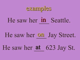 examplesexamples
He saw her ___ Seattle.inin
He saw her ___ Jay Street.
He saw her ___ 623 Jay St.
onon
atat
 