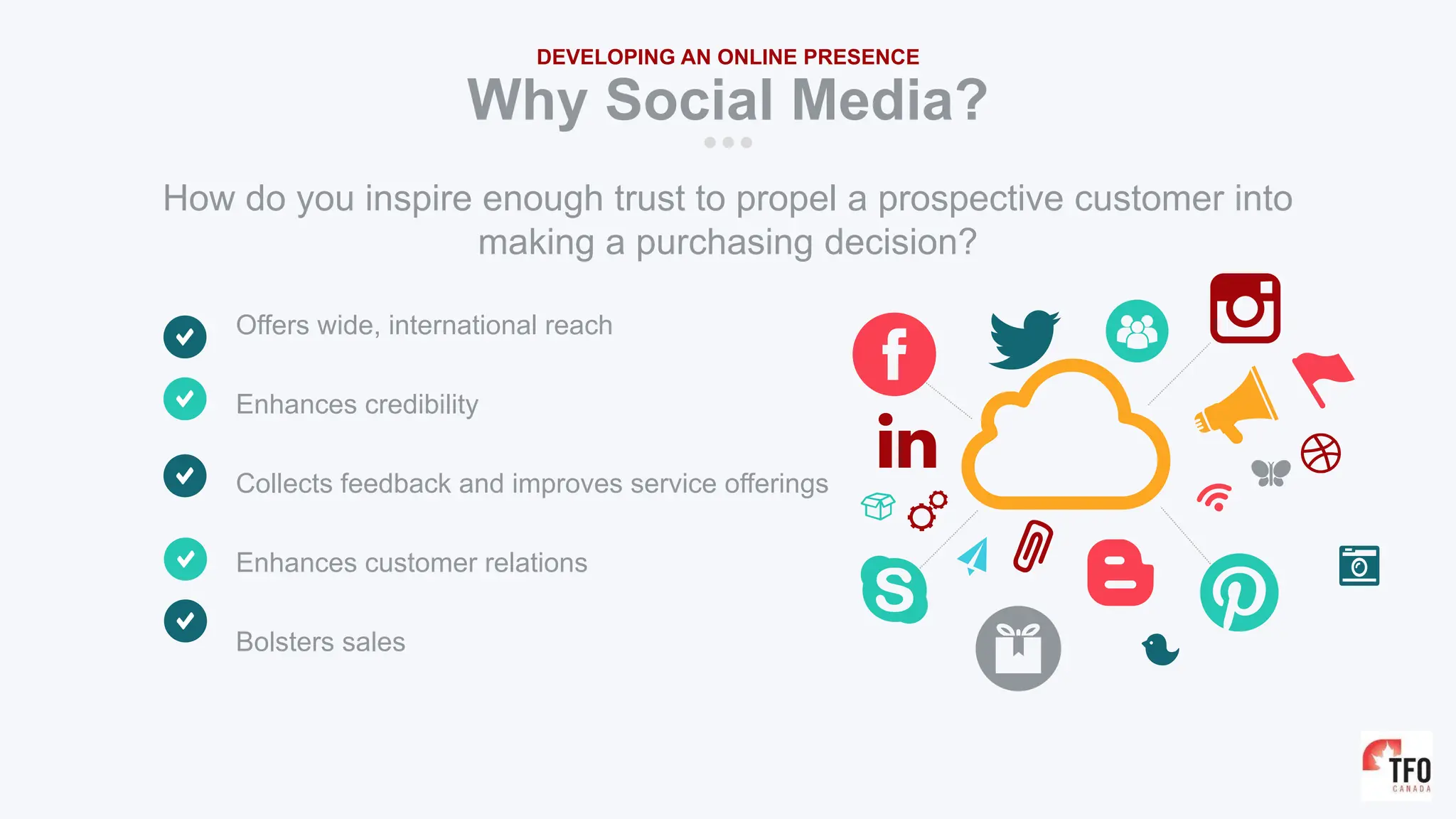 Offers wide, international reach
Enhances credibility
Collects feedback and improves service offerings
Enhances customer relations
Bolsters sales
Why Social Media?
DEVELOPING AN ONLINE PRESENCE
How do you inspire enough trust to propel a prospective customer into
making a purchasing decision?
 
