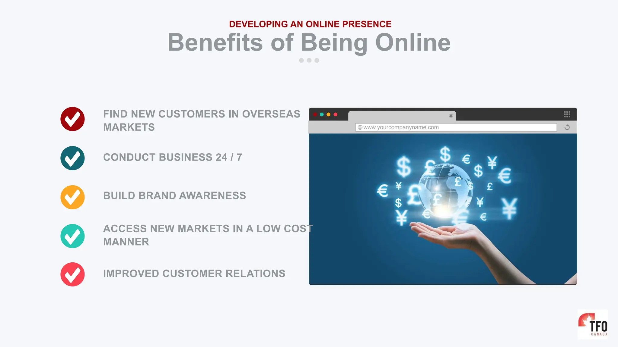 FIND NEW CUSTOMERS IN OVERSEAS
MARKETS www.yourcompanyname.com
Benefits of Being Online
DEVELOPING AN ONLINE PRESENCE
CONDUCT BUSINESS 24 / 7
BUILD BRAND AWARENESS
ACCESS NEW MARKETS IN A LOW COST
MANNER
IMPROVED CUSTOMER RELATIONS
 