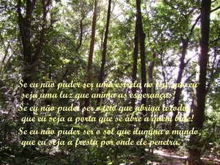 Se eu não puder ser uma estrela no céu, que eu
 seja uma luz que anima as esperanças!
Se eu não puder ser o teto que abriga a todos,
 que eu seja a porta que se abre a quem bate!
Se eu não puder ser o sol que ilumina o mundo,
 que eu seja a fresta por onde ele penetra.
 