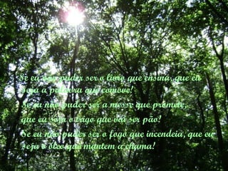 Se eu não puder ser o livro que ensina, que eu
 seja a palavra que comove!
Se eu não puder ser a messe que promete,
que eu seja o trigo que vai ser pão!
Se eu não puder ser o fogo que incendeia, que eu
 seja o óleo que mantem a chama!
 