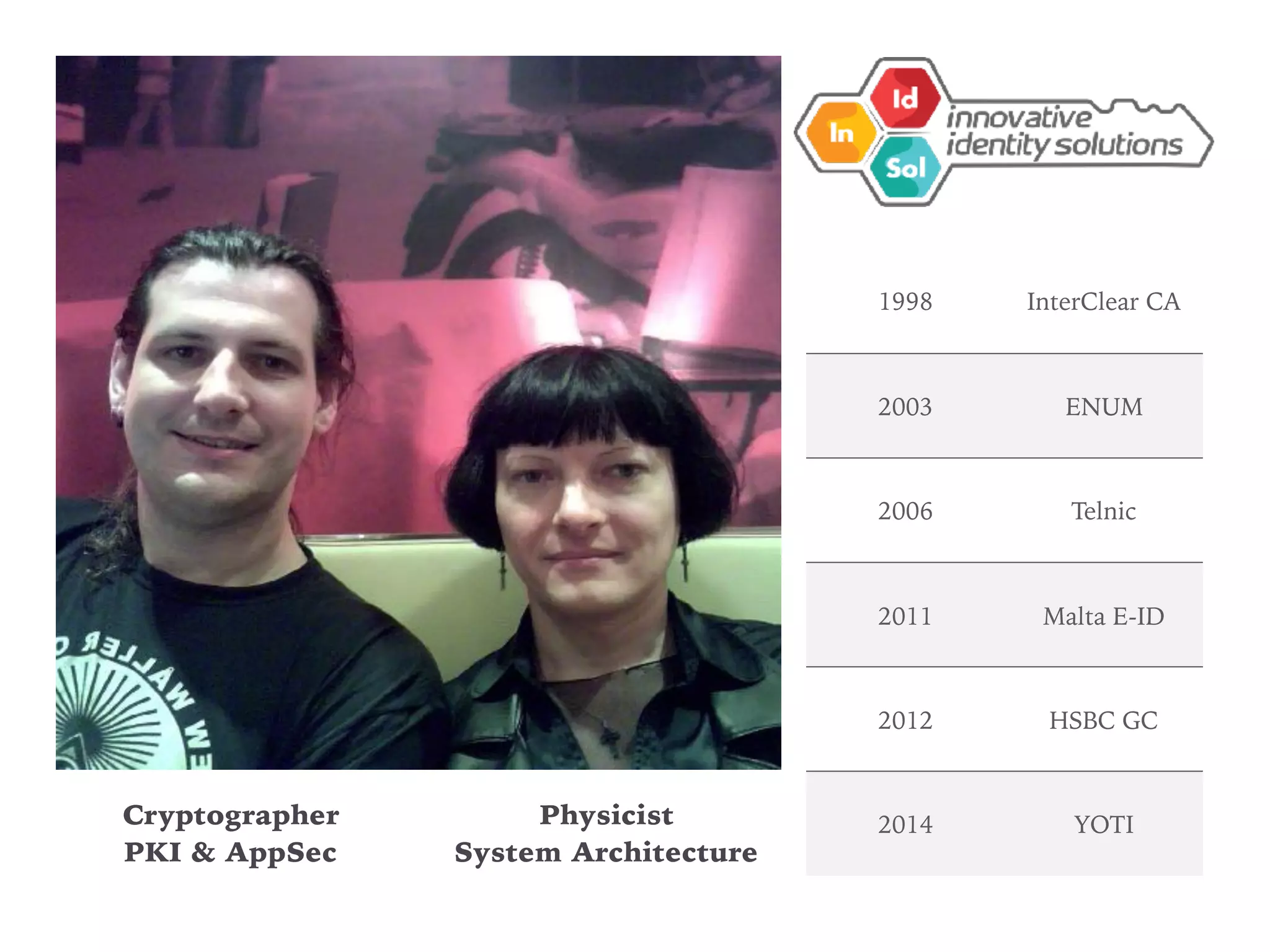 Cryptographer
PKI & AppSec
Physicist
System Architecture
1998 InterClear CA
2003 ENUM
2006 Telnic
2011 Malta E-ID
2012 HSBC GC
2014 YOTI
 