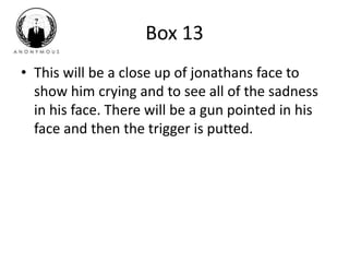 Box 13 
• This will be a close up of jonathans face to 
show him crying and to see all of the sadness 
in his face. There will be a gun pointed in his 
face and then the trigger is putted. 
 