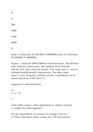 X
0
500
1000
1500
2000
Y
Area 3: Collectors (X:501000,Y:4400000) Area 4: Collectors
(X:506000,Y:4400000)
Figure 1: Selected 2000x2000m evaluation areas. The thickest
lines indicate expressways, the medium lines arterials,
and the thin lines collector streets. Two maps (area 1, area 2)
included predominantly expressways, the other maps
(area 3, area 4) mostly collector streets. Coordinates are in
meters based on UTM Zone 13.
segment n is determined by
n =
l × c × h
v
with traffic count c, hour adjustment h, vehicle velocity
v, length of a road segment l.
For all experiments we assume an average velocity v
of 10m/s and report mean results for a 24-hour period,
 