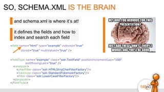 SO, SCHEMA.XML IS THE BRAIN
<field name="html" type="example" indexed="true"
stored="true" multiValued="true" />
<fieldType name="example" class="solr.TextField" positionIncrementGap="100"
sortMissingLast="true" />
<analyzer>
<charFilter class="solr.HTMLStripCharFilterFactory"/>
<tokenizer class="solr.StandardTokenizerFactory"/>
<filter class="solr.LowerCaseFilterFactory"/>
</analyzer>
</fieldType>
and schema.xml is where it’s at!
it defines the fields and how to
index and search each field
 