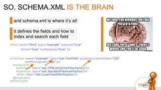 SO, SCHEMA.XML IS THE BRAIN
<field name="html" type="example" indexed="true"
stored="true" multiValued="true" />
<fieldType name="example" class="solr.TextField" positionIncrementGap="100"
sortMissingLast="true" />
<analyzer>
<charFilter class="solr.HTMLStripCharFilterFactory"/>
<tokenizer class="solr.StandardTokenizerFactory"/>
<filter class="solr.LowerCaseFilterFactory"/>
</analyzer>
</fieldType>
and schema.xml is where it’s at!
it defines the fields and how to
index and search each field
 