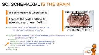 SO, SCHEMA.XML IS THE BRAIN
<field name="html" type="example" indexed="true"
stored="true" multiValued="true" />
<fieldType name="example" class="solr.TextField" positionIncrementGap="100"
sortMissingLast="true" />
<analyzer>
<charFilter class="solr.HTMLStripCharFilterFactory"/>
<tokenizer class="solr.StandardTokenizerFactory"/>
<filter class="solr.LowerCaseFilterFactory"/>
</analyzer>
</fieldType>
and schema.xml is where it’s at!
it defines the fields and how to
index and search each field
 