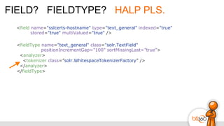 FIELD? FIELDTYPE? HALP PLS.
<fieldType name="text_general" class="solr.TextField"
positionIncrementGap=”100” sortMissingLast=”true”>
<analyzer>
<tokenizer class=”solr.WhitespaceTokenizerFactory” />
</analyzer>
</fieldType>
<field name="sslcerts-hostname" type="text_general" indexed="true"
stored="true" multiValued="true" />
 