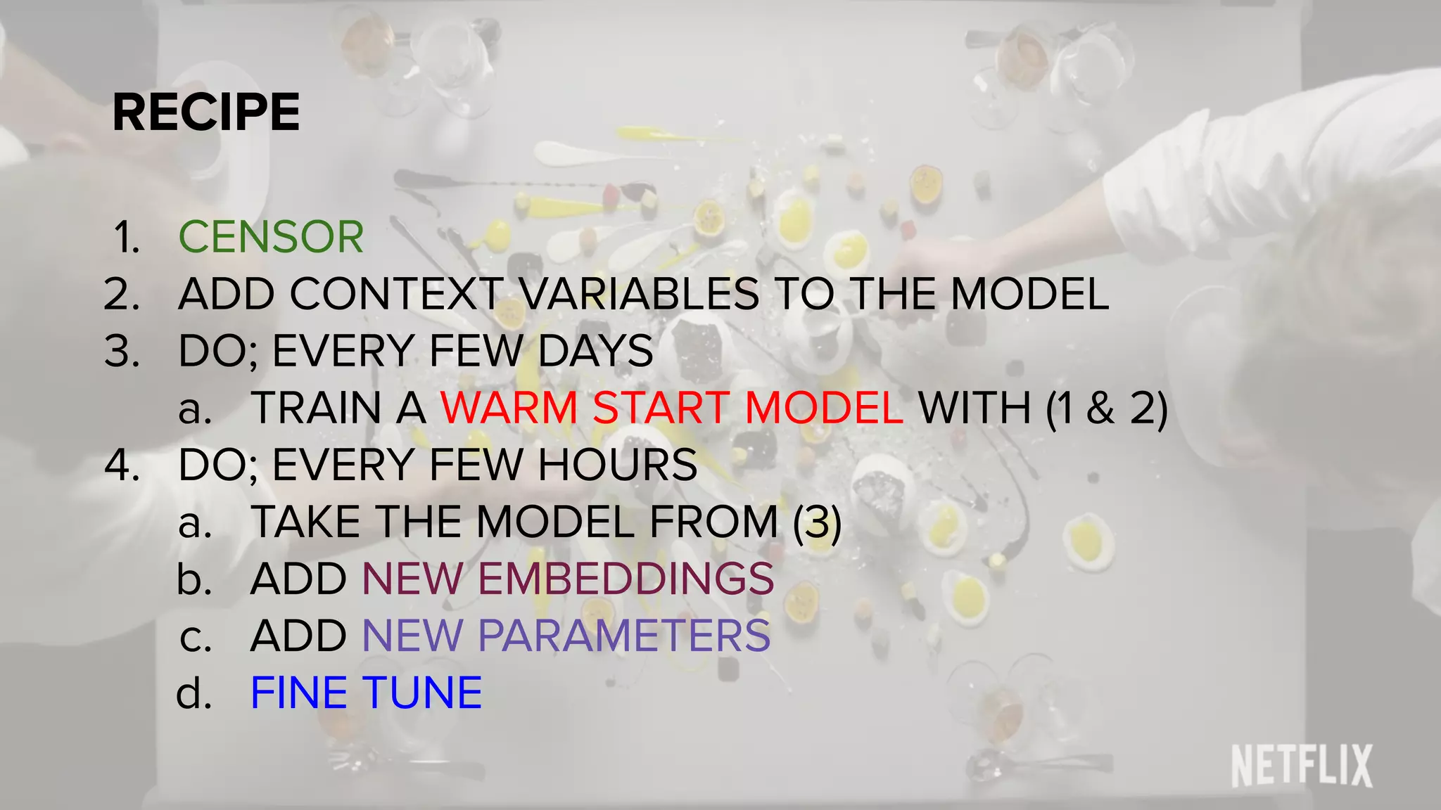 RECIPE
1. CENSOR
2. ADD CONTEXT VARIABLES TO THE MODEL
3. DO; EVERY FEW DAYS
a. TRAIN A WARM START MODEL WITH (1 & 2)
4. DO; EVERY FEW HOURS
a. TAKE THE MODEL FROM (3)
b. ADD NEW EMBEDDINGS
c. ADD NEW PARAMETERS
d. FINE TUNE
 