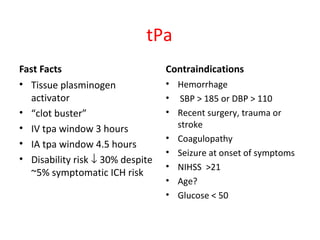 tPa
Fast Facts
• Tissue plasminogen
activator
• “clot buster”
• IV tpa window 3 hours
• IA tpa window 4.5 hours
• Disability risk ↓ 30% despite
~5% symptomatic ICH risk
Contraindications
• Hemorrhage
• SBP > 185 or DBP > 110
• Recent surgery, trauma or
stroke
• Coagulopathy
• Seizure at onset of symptoms
• NIHSS >21
• Age?
• Glucose < 50
 
