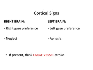 Cortical Signs
RIGHT BRAIN: LEFT BRAIN:
- Right gaze preference - Left gaze preference
- Neglect - Aphasia
• If present, think LARGE VESSEL stroke
 